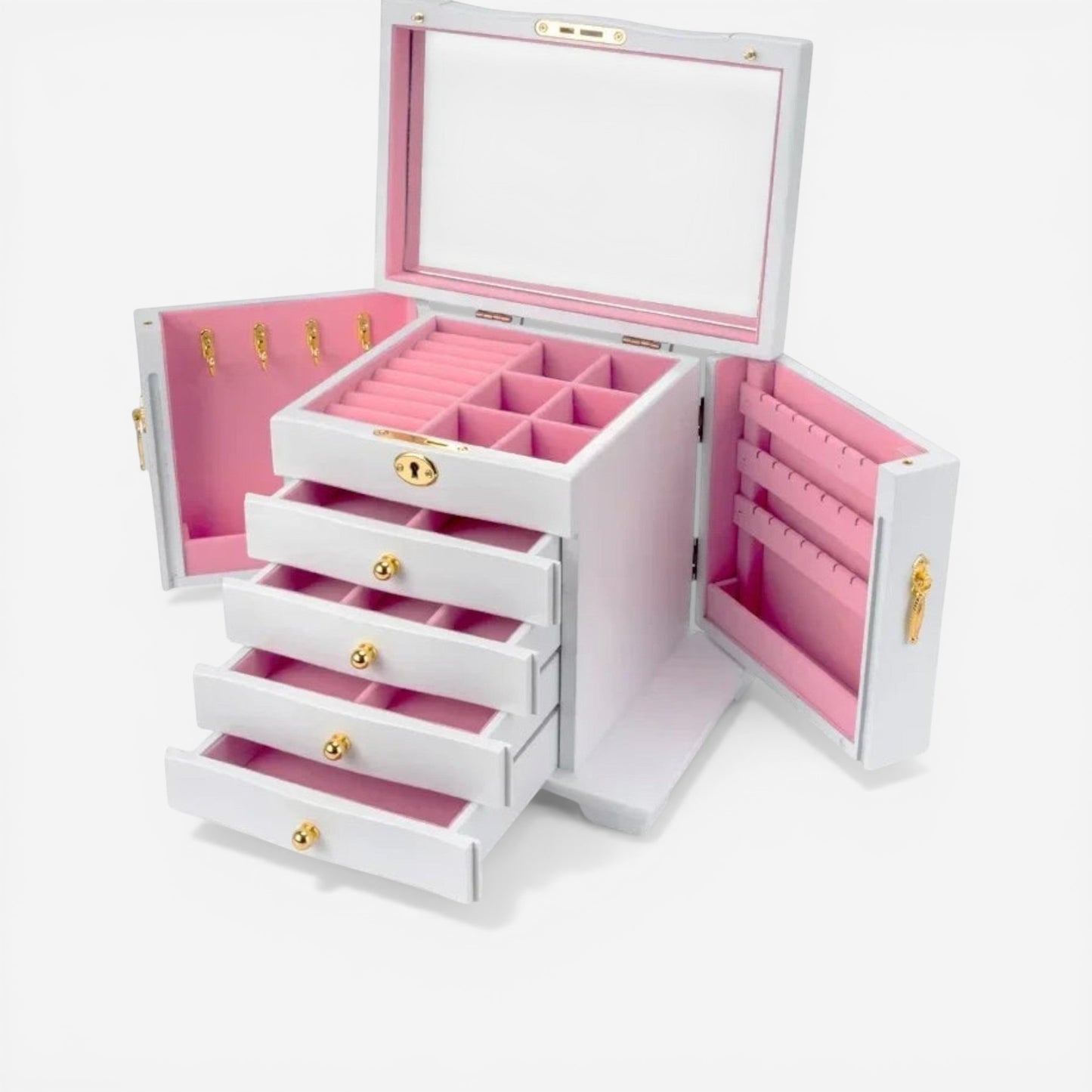 Boîte à bijoux de luxe rose avec serrure et compartiments pour organiser bagues et boucles d’oreilles