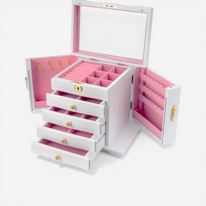 Boîte à bijoux de luxe rose avec serrure et compartiments pour organiser bagues et boucles d’oreilles