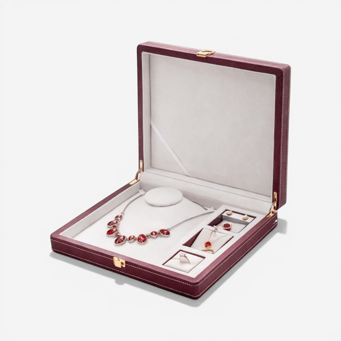 boîte à bijoux de luxe en simili cuir rouge avec rangement intérieur pour bijoux