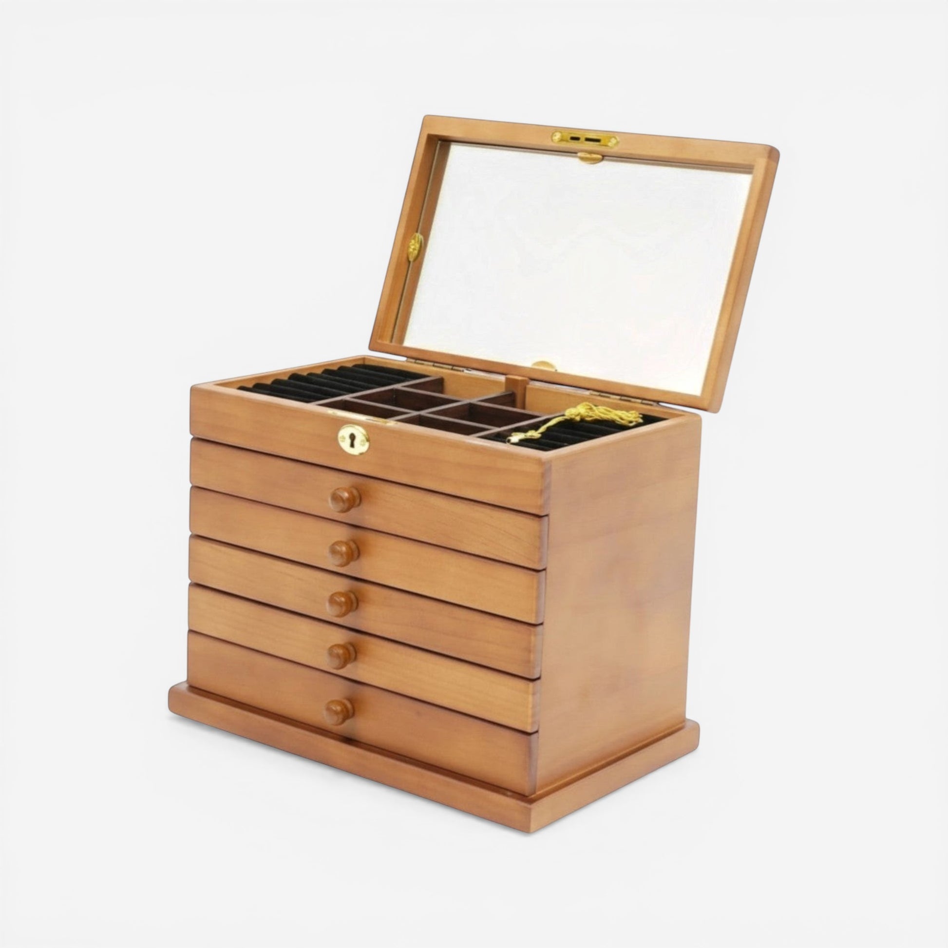 Boîte à bijoux en bois avec miroir serrure et plusieurs tiroirs pour un rangement organisé