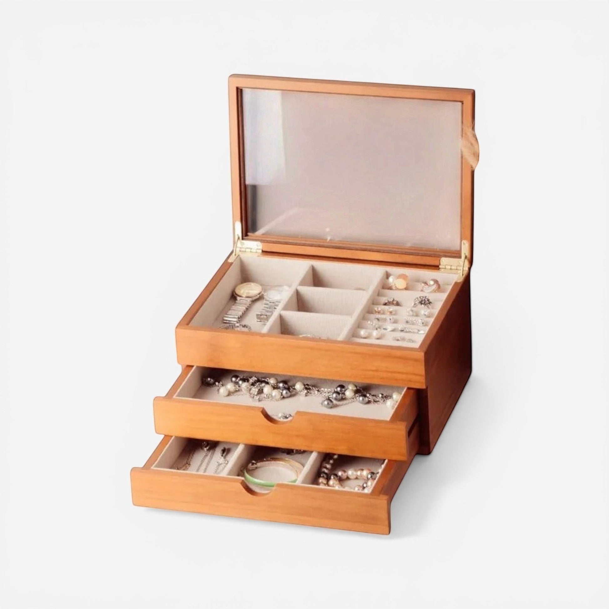 boîte à bijoux moderne à 3 niveaux ouverte avec compartiments pour bagues, colliers et bracelets