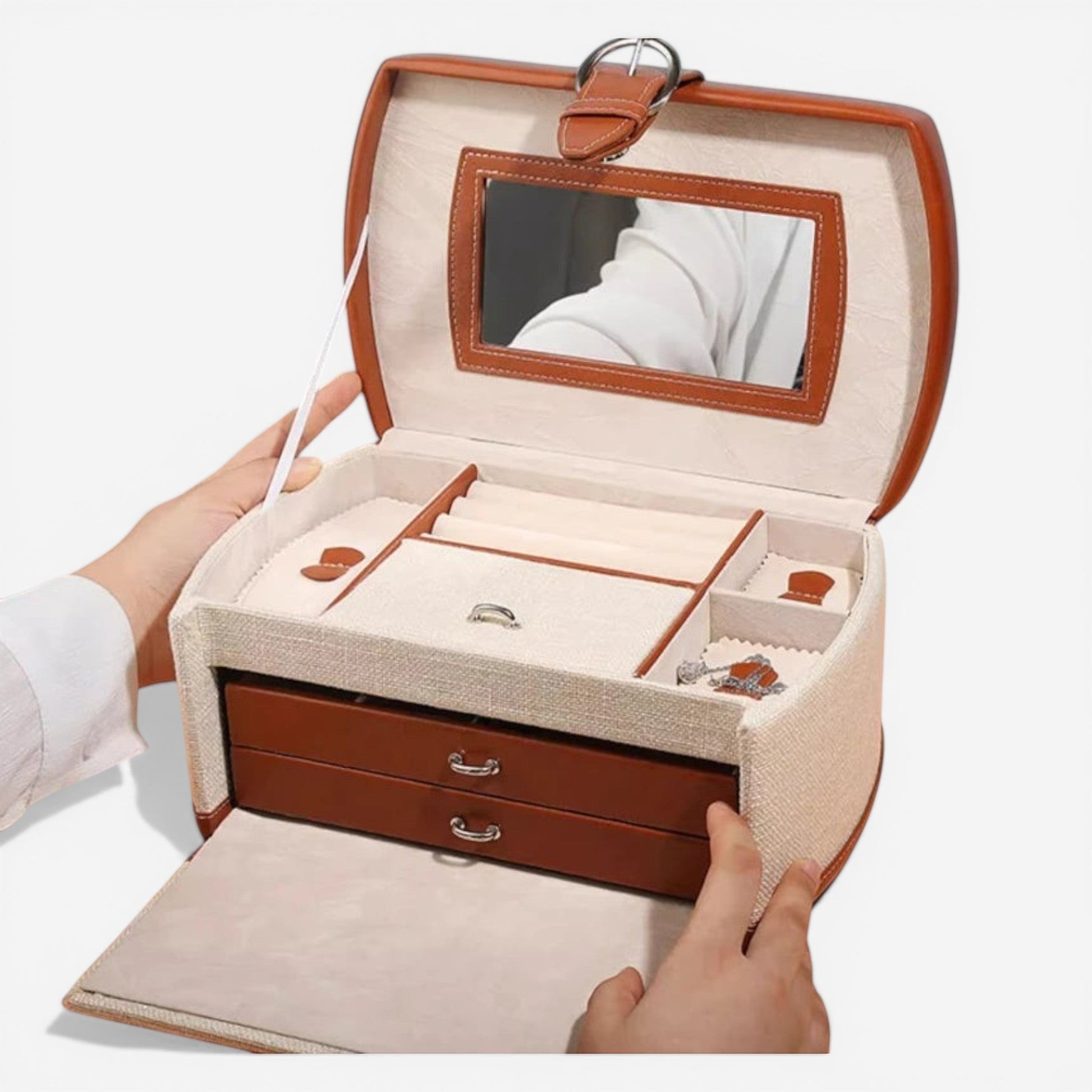 Boîte à bijoux moderne avec grande capacité de rangement, idéale pour stocker bagues, colliers et bracelets en toute sécurité.