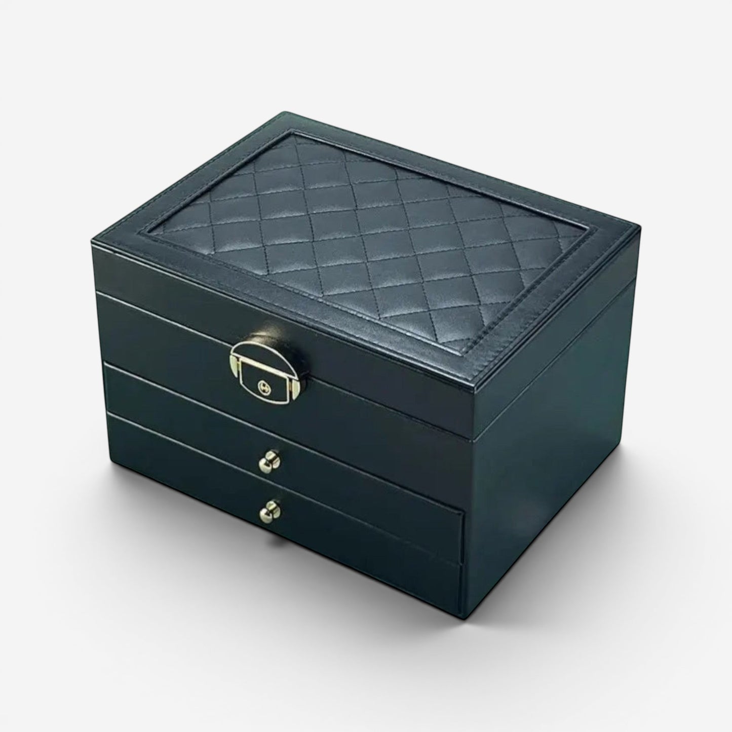 Boîte à bijoux noire avec tiroirs et design moderne pour le rangement des bijoux.