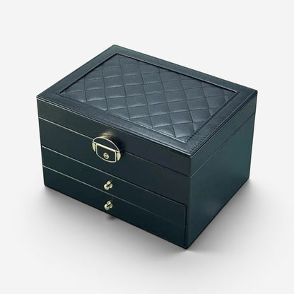 Boîte à bijoux noire avec tiroirs et design moderne pour le rangement des bijoux.
