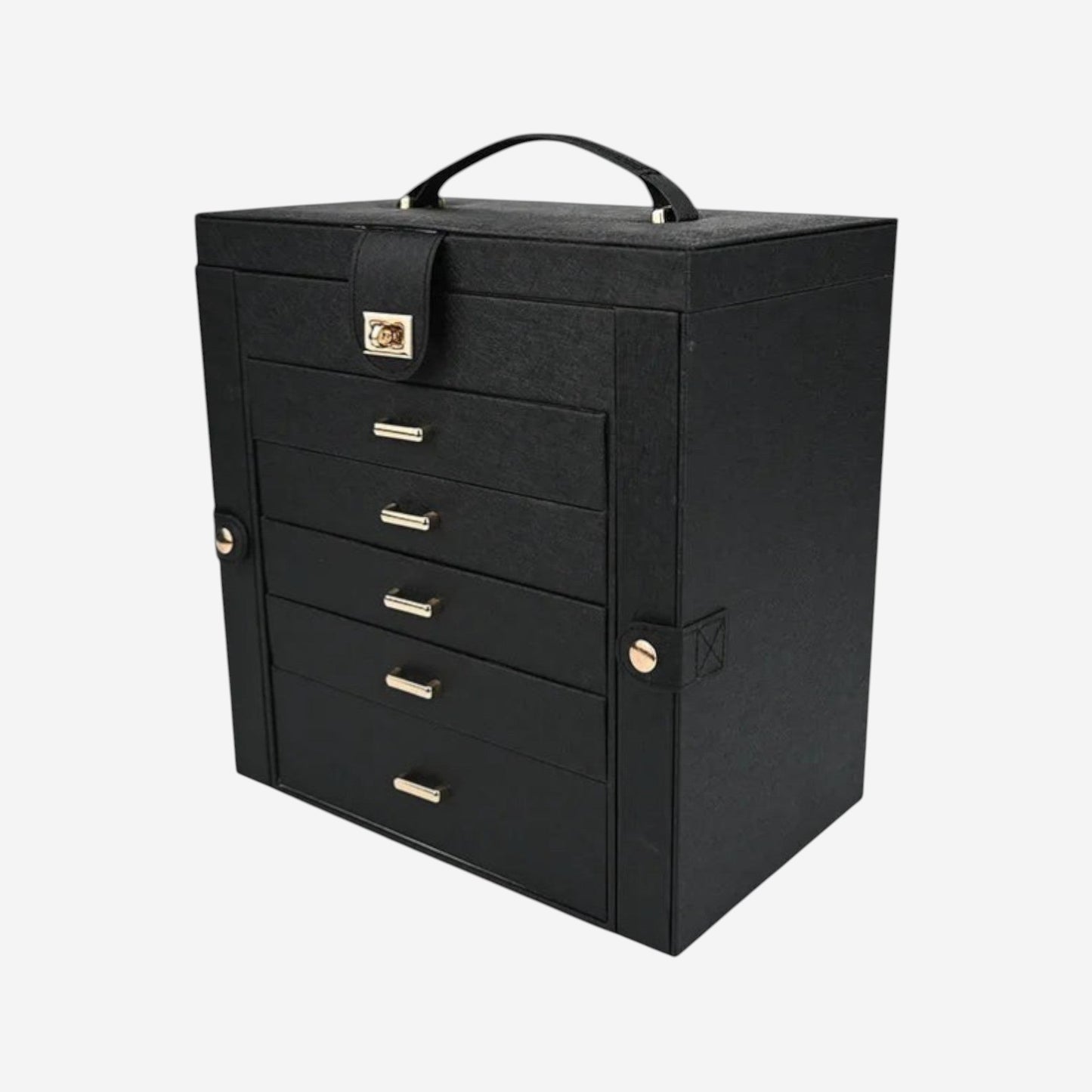 Boîte à bijoux noire avec poignée, tiroirs multiples et design élégant.