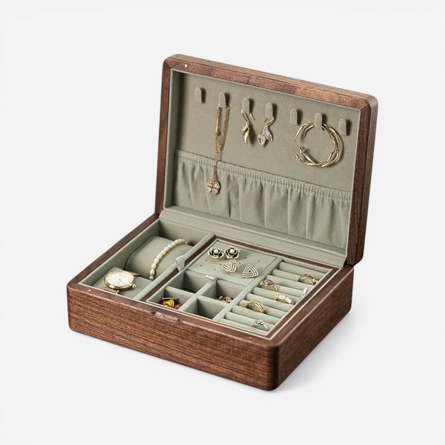 Boîte à bijoux en bois de noyer ouverte avec compartiments pour organiser bijoux