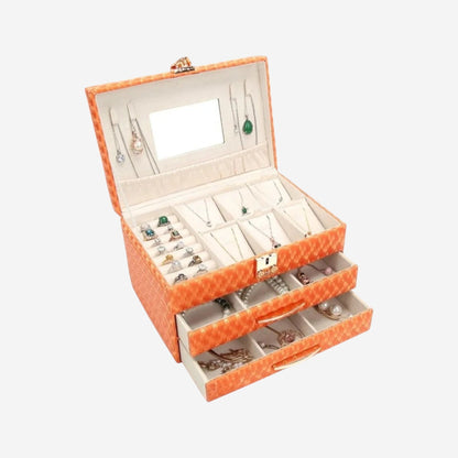 boîte à bijoux grande capacité couleur orange avec rangement organisé et intérieur doublé