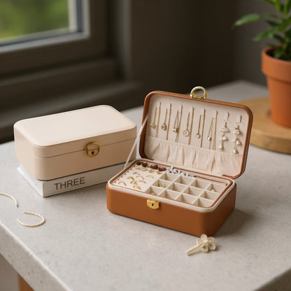 Boîte à bijoux ouverte avec compartiments, colliers suspendus et accessoires, offrant un rangement complet.