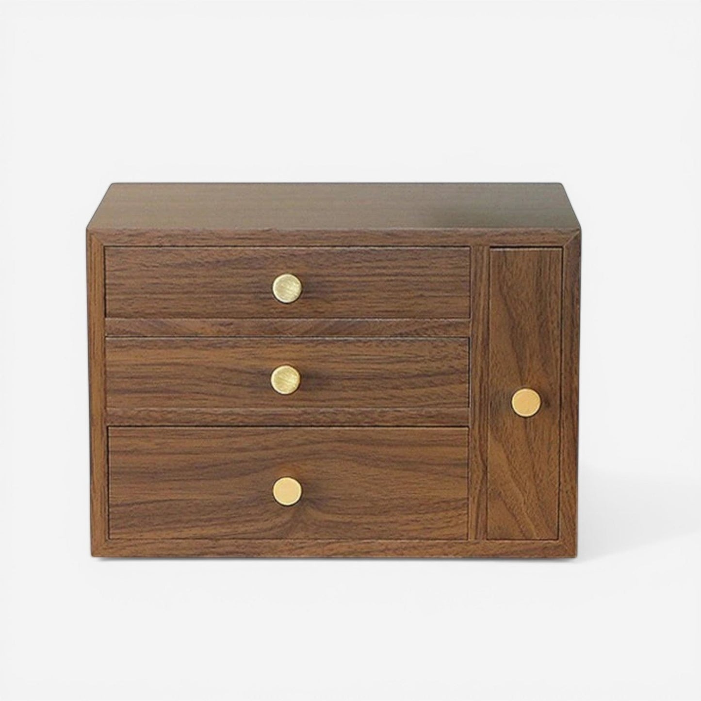 Boîte à bijoux portable moderne au design compact en bois, idéale pour un rangement élégant et peu encombrant.