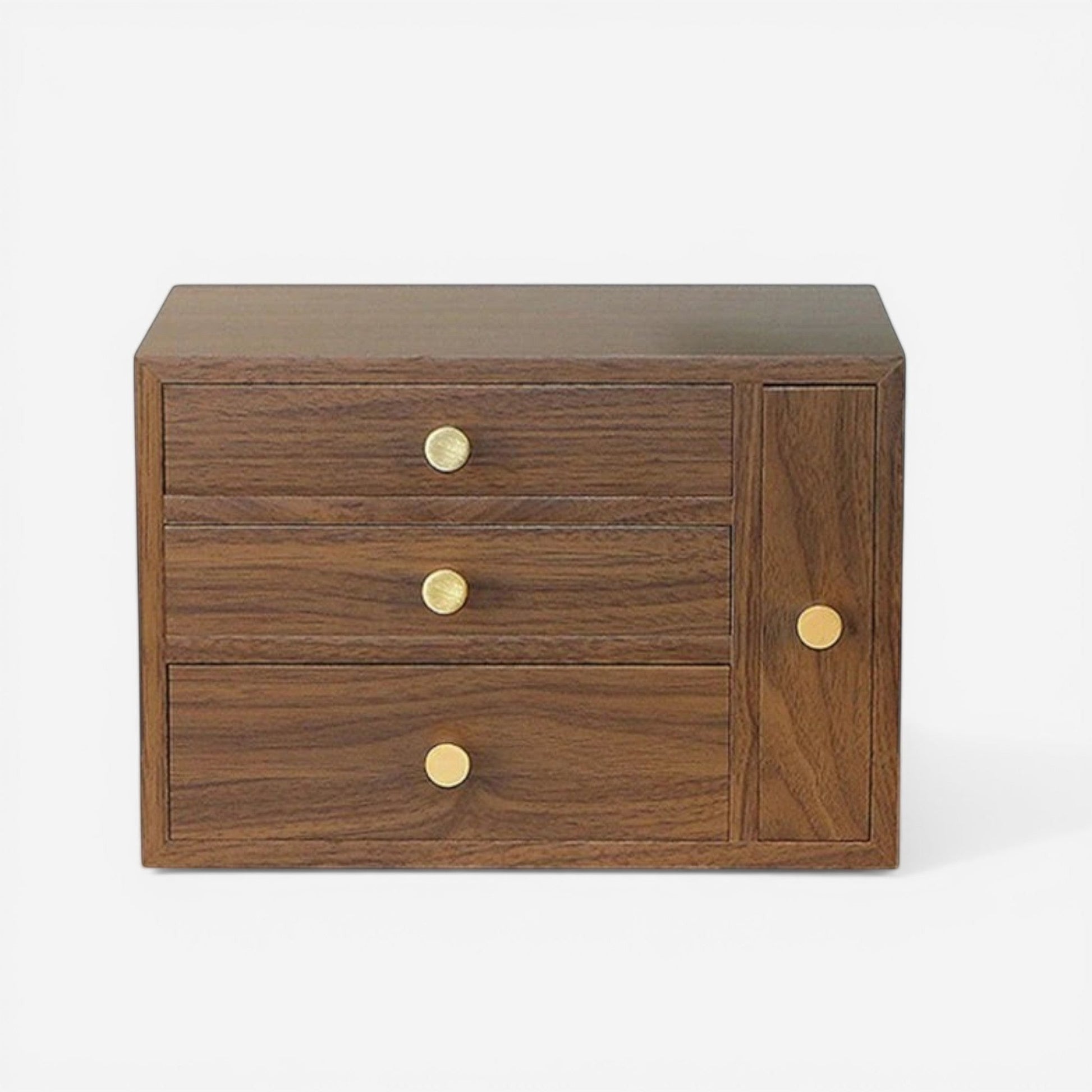 Boîte à bijoux portable moderne au design compact en bois, idéale pour un rangement élégant et peu encombrant.