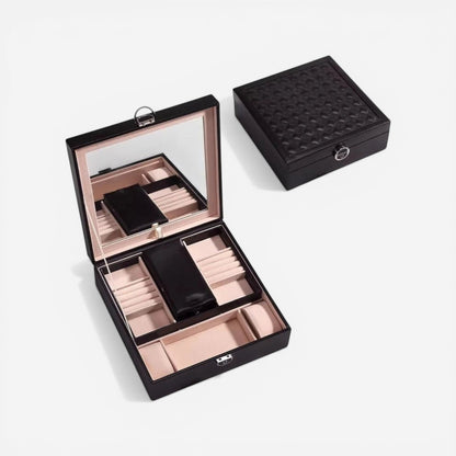 Boîte à bijoux portable noire avec miroir au style élégant pour ranger vos bijoux en toute sécurité.