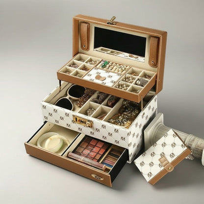 Boîte à bijoux raffinée blanc et beige avec miroir, compartiments et tiroirs, parfaite pour un rangement chic et pratique.