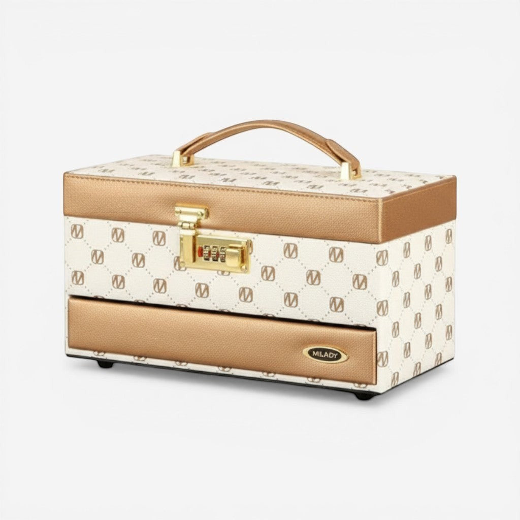 Boîte à bijoux raffinée blanc et or avec serrure à combinaison, tiroir et intérieur en bois, idéale pour un rangement élégant.