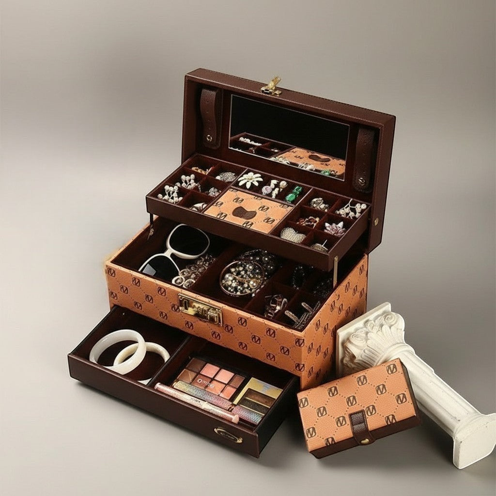 Boîte à bijoux raffinée en cuir PU marron avec miroir intégré, compartiments multiples et tiroirs de rangement.