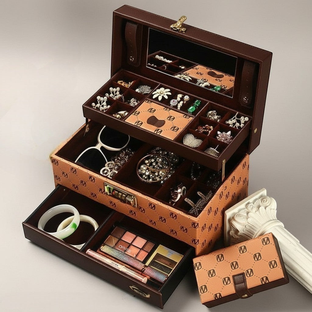 Boîte à bijoux marron avec compartiments et tiroirs, idéale pour organiser bagues, colliers et bracelets avec élégance.