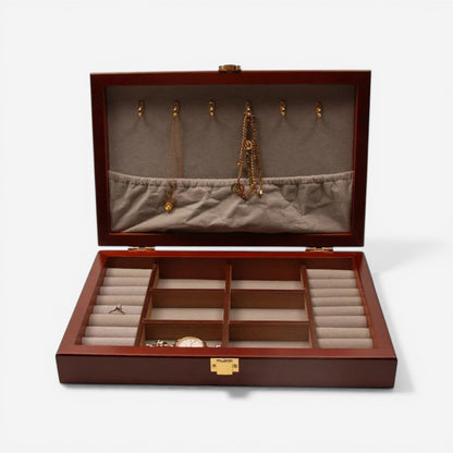 boîte à bijoux rétro en bois avec intérieur compartimenté pour organiser bagues colliers et bracelets