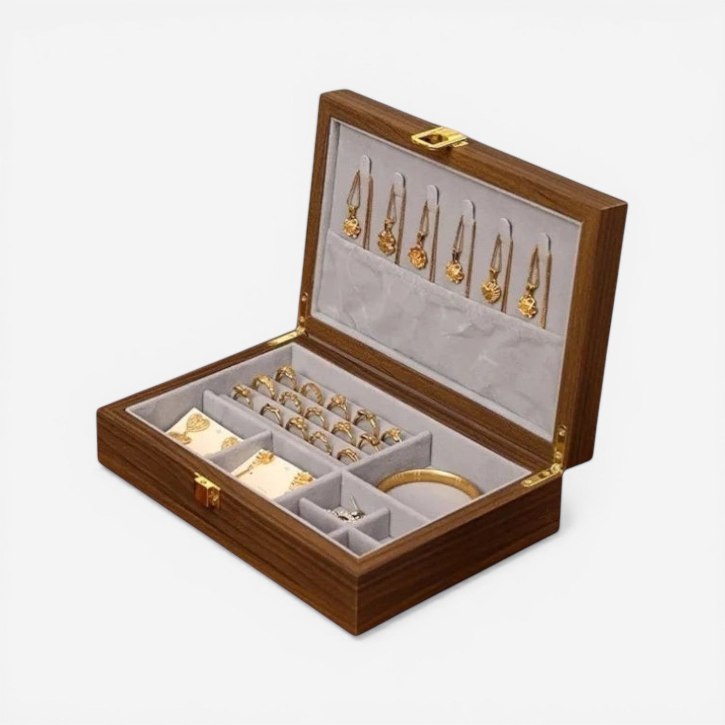 Boîte à bijoux rétro de luxe avec compartiments élégants pour organiser bagues, colliers et accessoires avec raffinement.