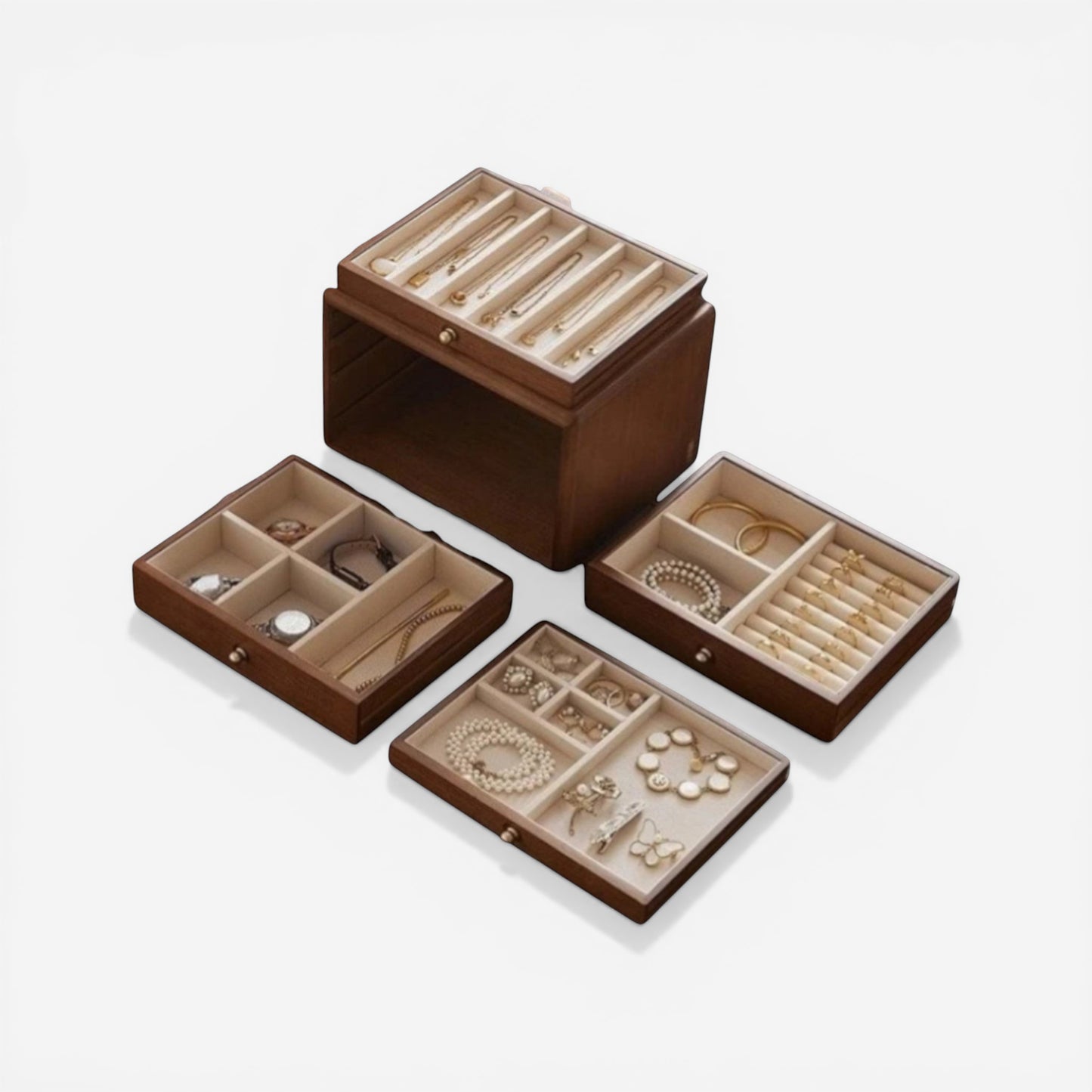 Boîte à bijoux rétro en bois massif avec compartiments pour un rangement élégant des bijoux