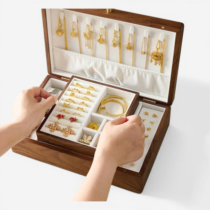 boite à bijoux rétro ouverte avec rangements organisés pour bijoux et accessoires