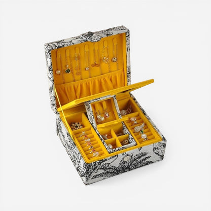 boîte à bijoux rétro en tissu ouverte avec compartiments pour bagues colliers et accessoires