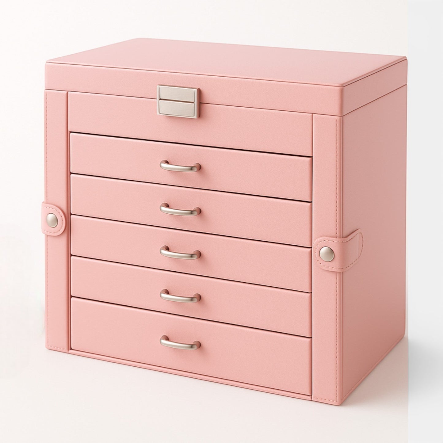 Boîte à bijoux rose grand format avec tiroirs pour organiser les accessoires.