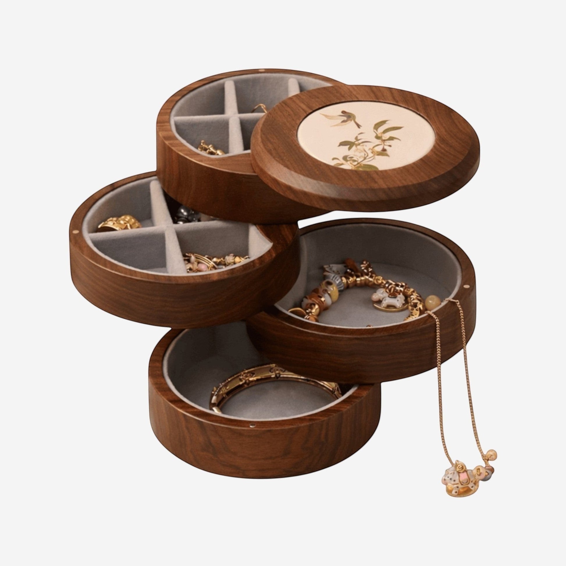 boîte à bijoux rotative en bois avec compartiments pour ranger bijoux