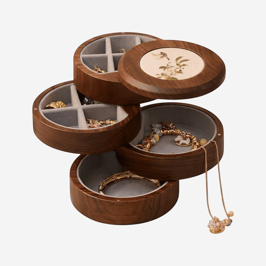 boîte à bijoux rotative en bois avec compartiments pour ranger bijoux