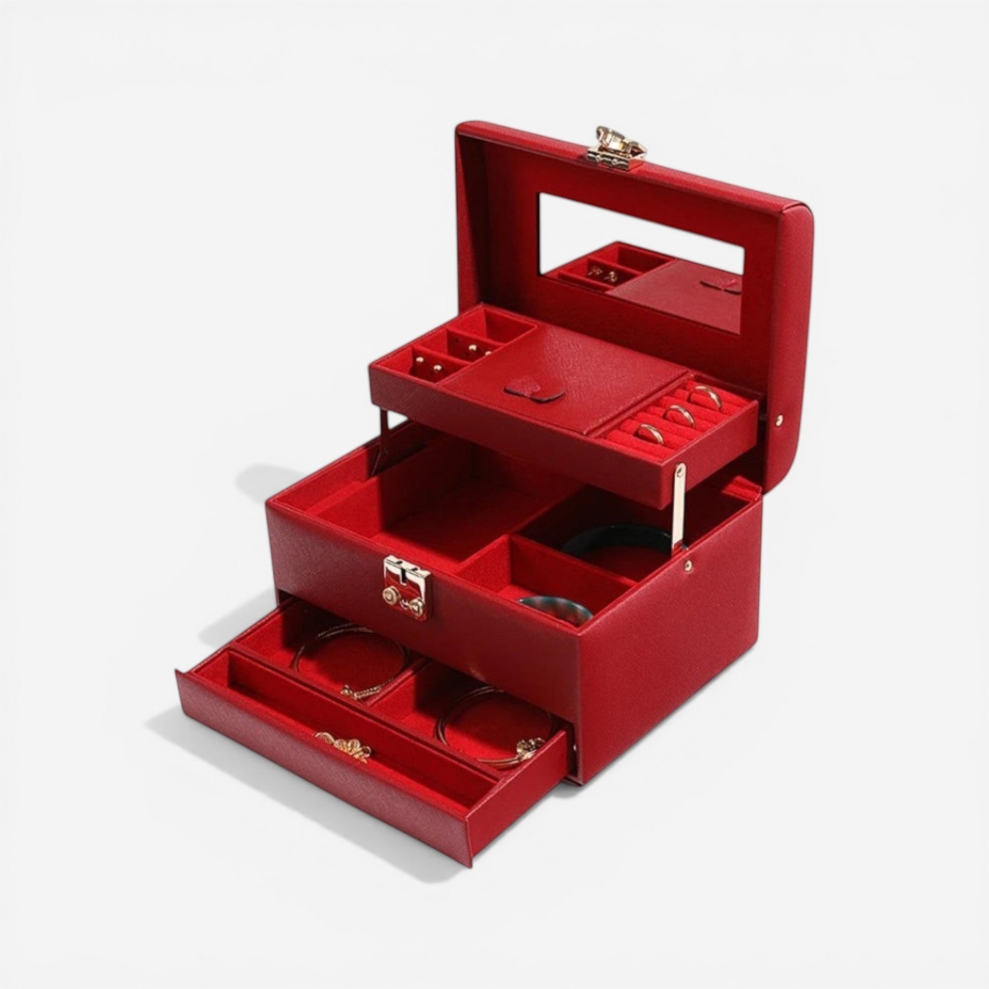boîte à bijoux rouge avec miroir intérieur et compartiments pour organiser bijoux