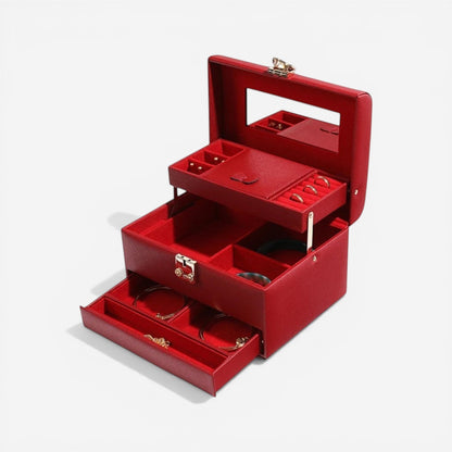 boîte à bijoux rouge avec miroir intérieur et compartiments pour organiser bijoux