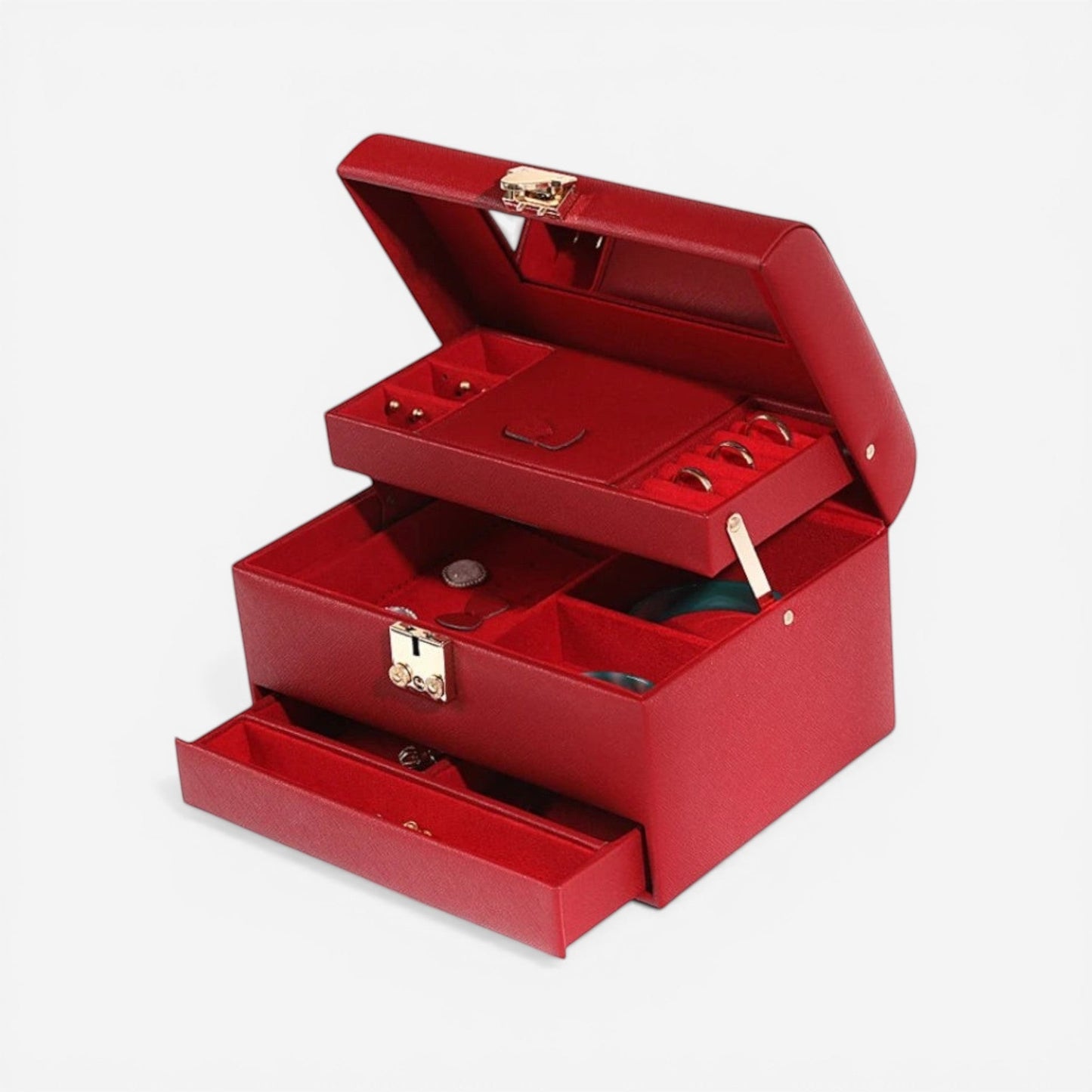 boîte à bijoux rouge compacte ouverte avec rangement pour bijoux