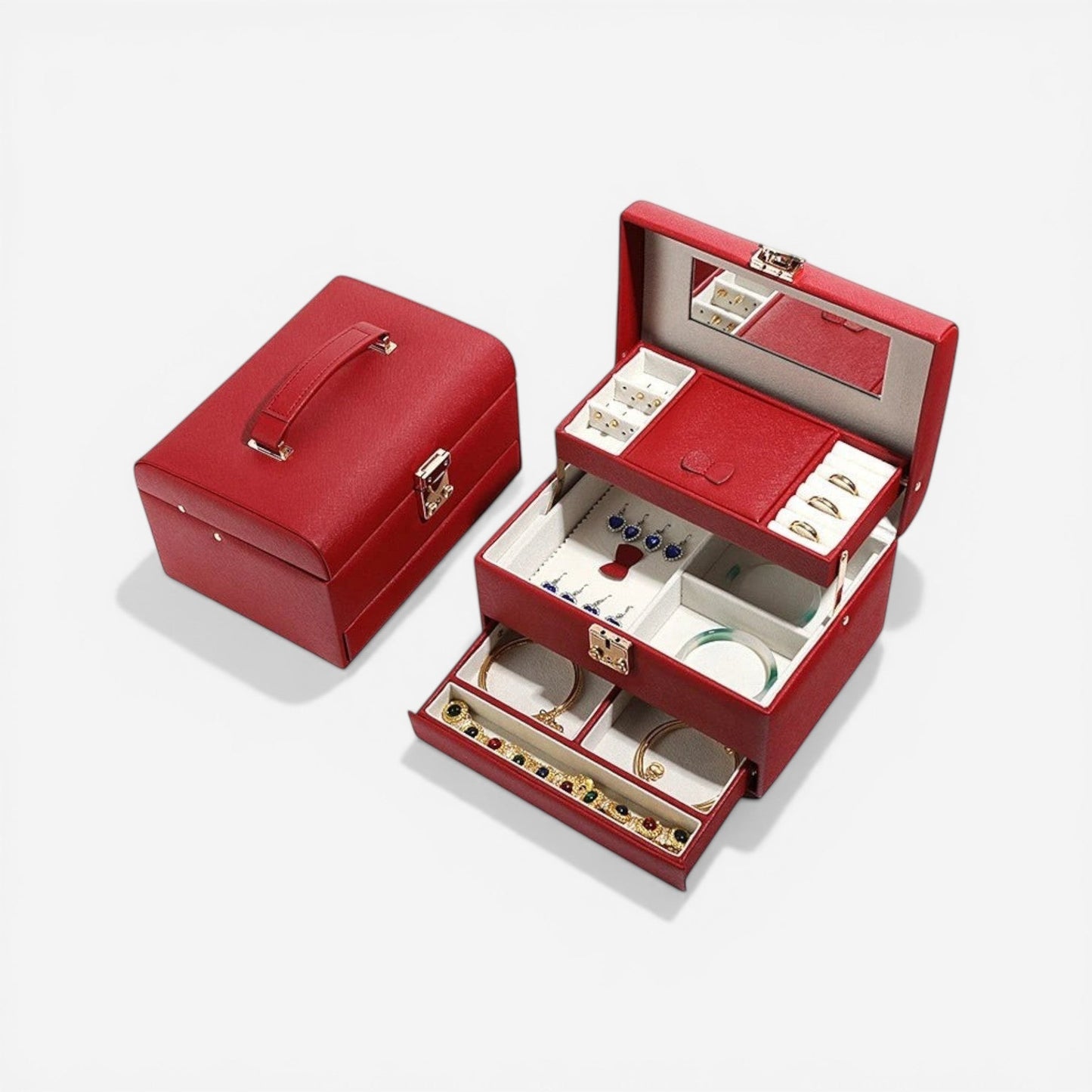 boîte à bijoux rouge compacte pour rangement de bagues, colliers et accessoires