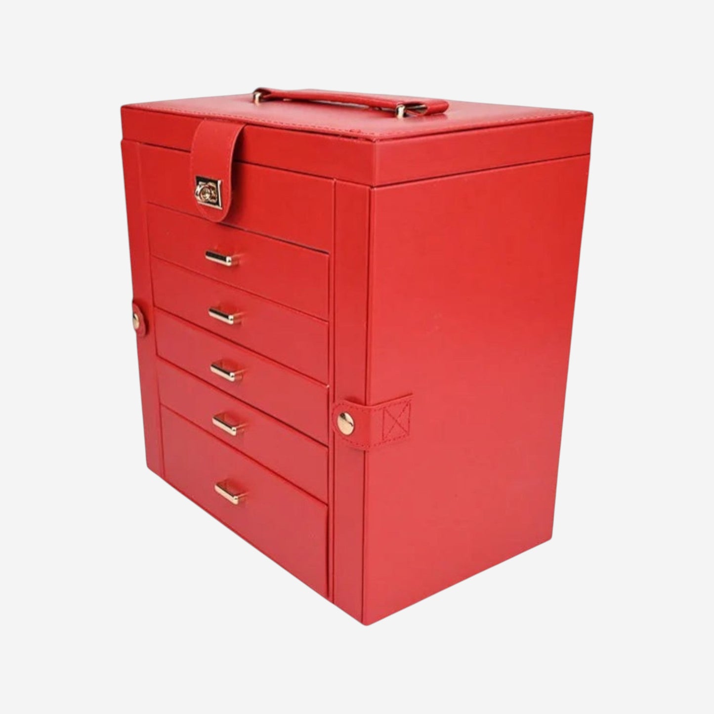 Boîte à bijoux rouge avec tiroirs et compartiments pour accessoires.