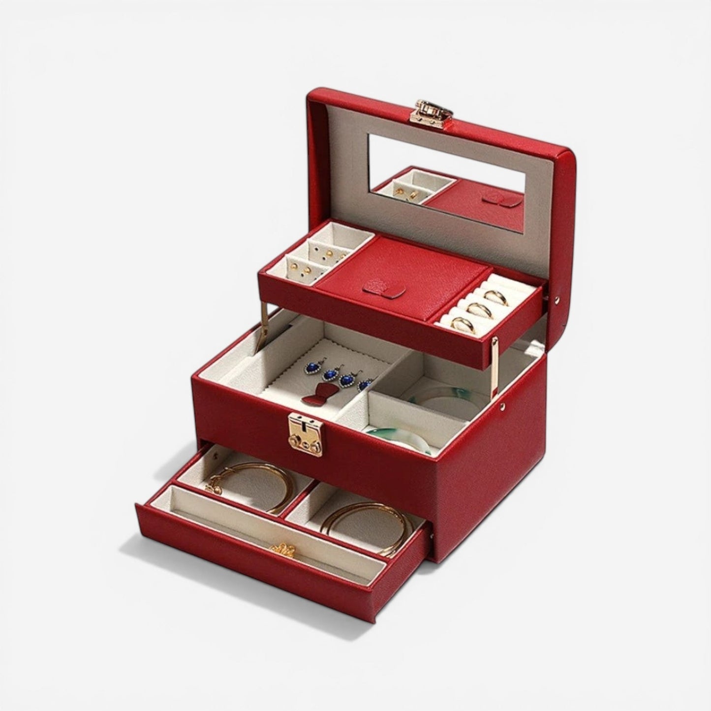 boîte à bijoux rouge luxe avec intérieur doublé et compartiments