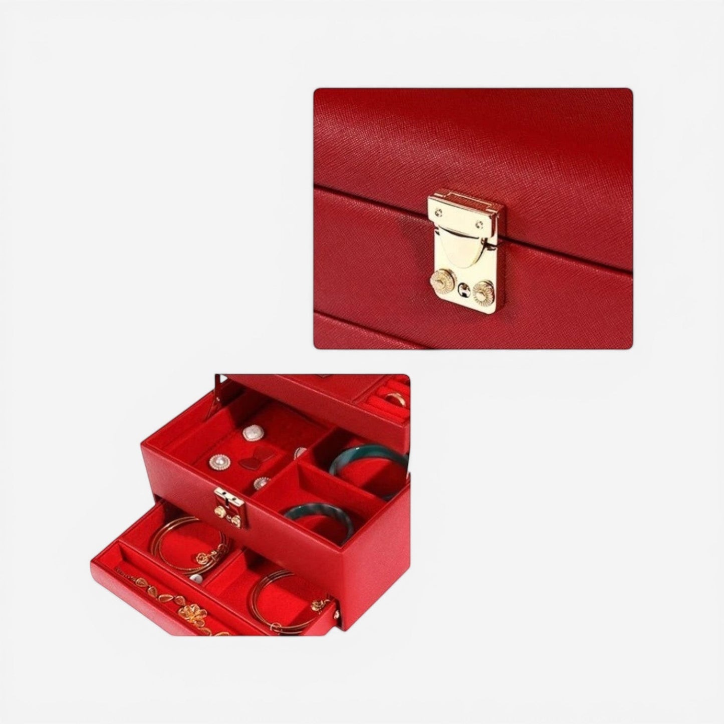 boîte à bijoux rouge avec plusieurs compartiments pour organiser bagues et colliers