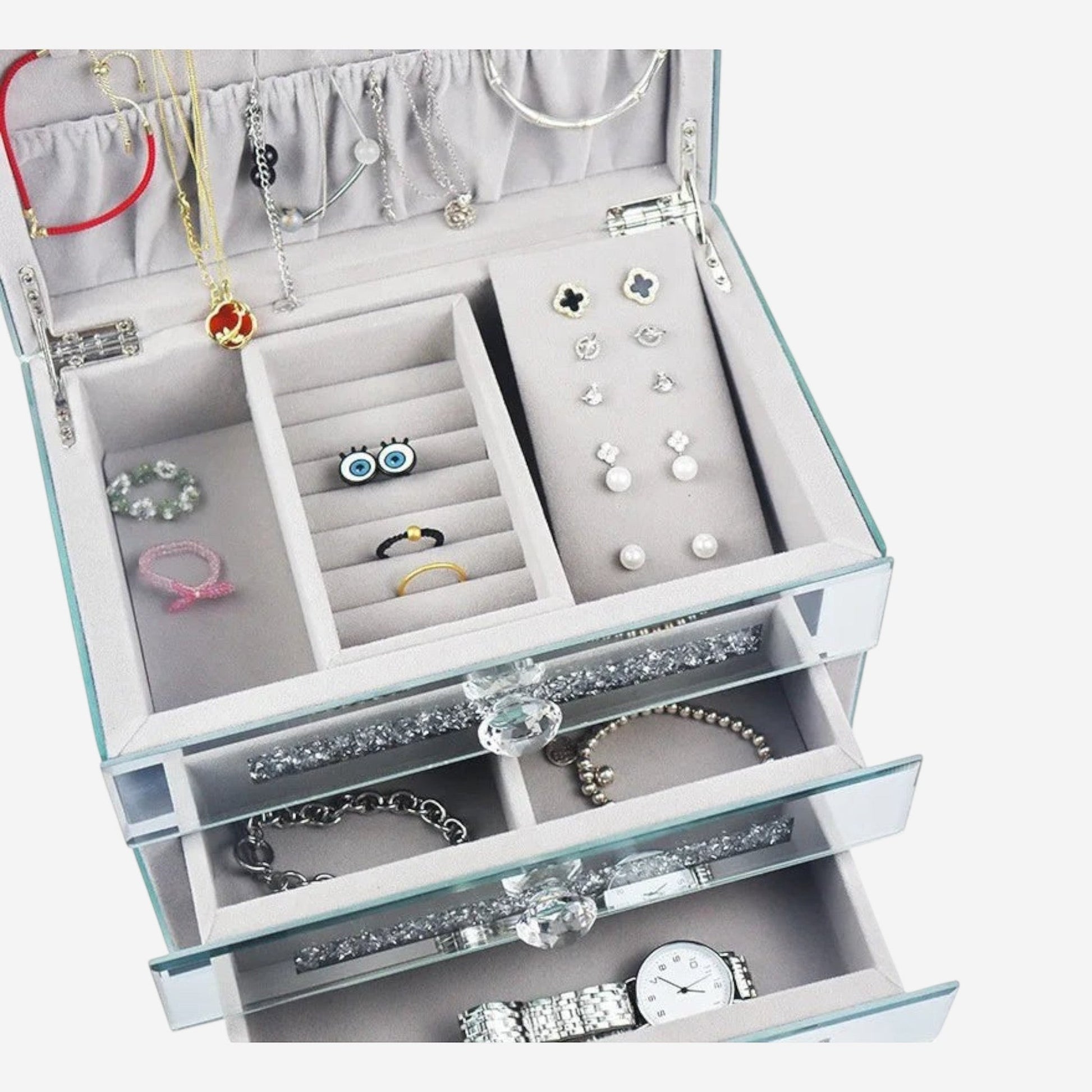 Boîte à bijoux strass grande capacité avec compartiments pour un rangement optimal de tous vos bijoux.