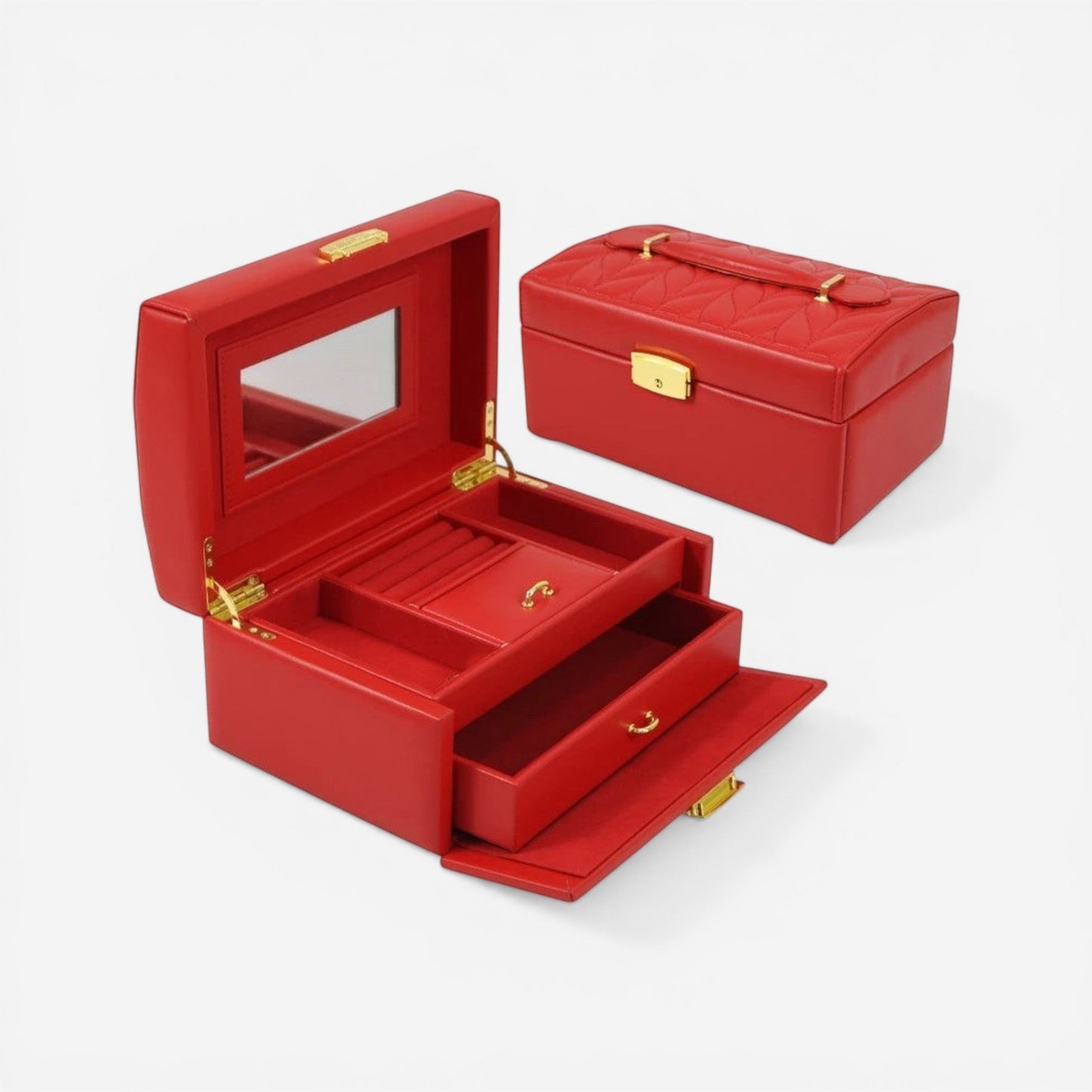 Boîte à bijoux rouge avec tiroir et compartiments, idéale pour un rangement complet et organisé.