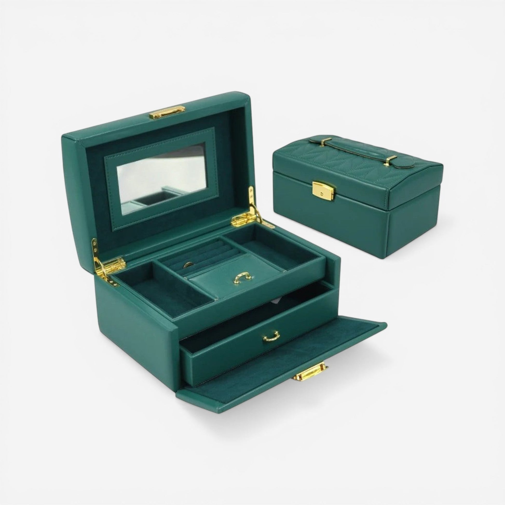 Boîte à bijoux verte avec tiroir et compartiments, idéale pour un rangement pratique et raffiné.