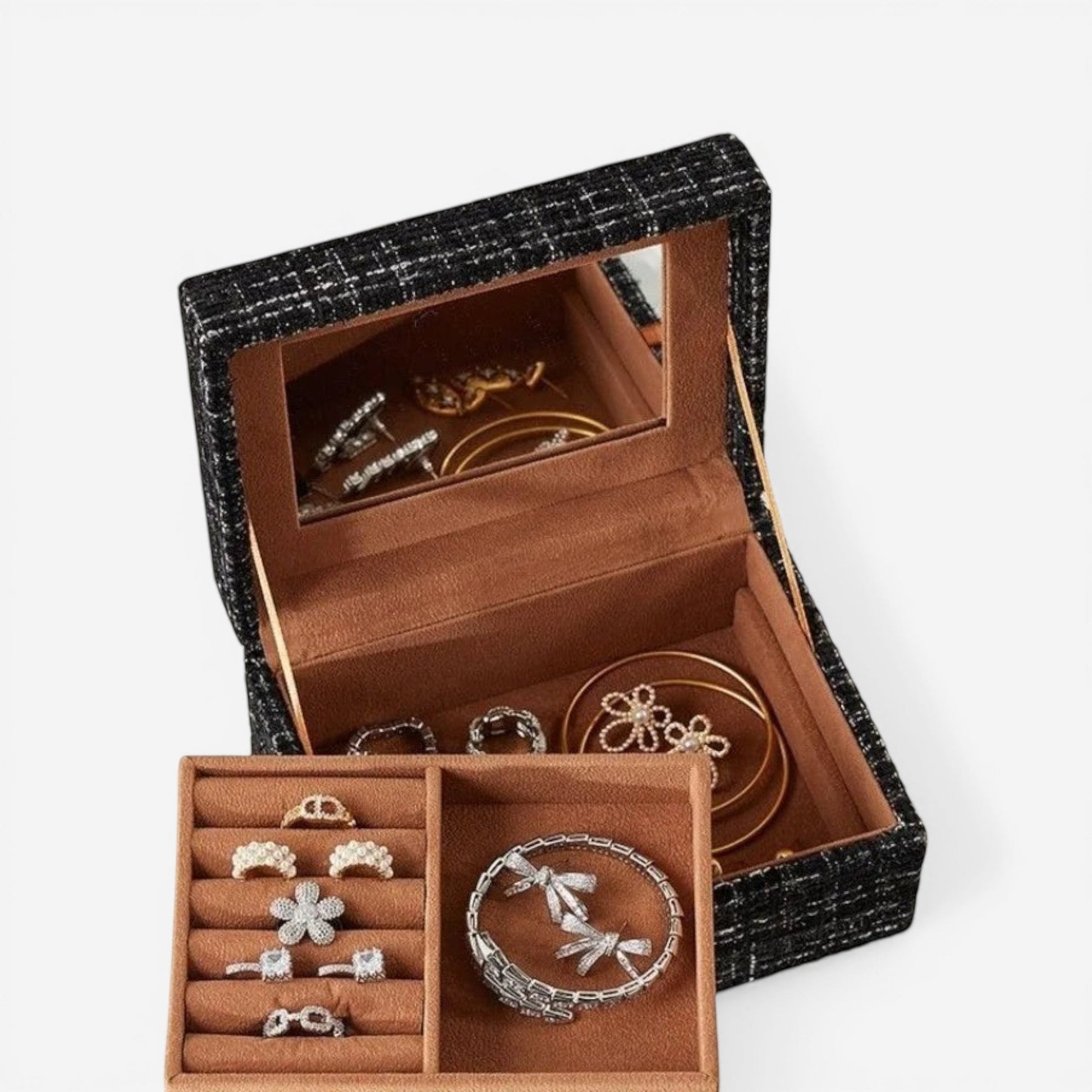 boîte à bijoux en tissu avec compartiments pour bagues, colliers et boucles d’oreilles