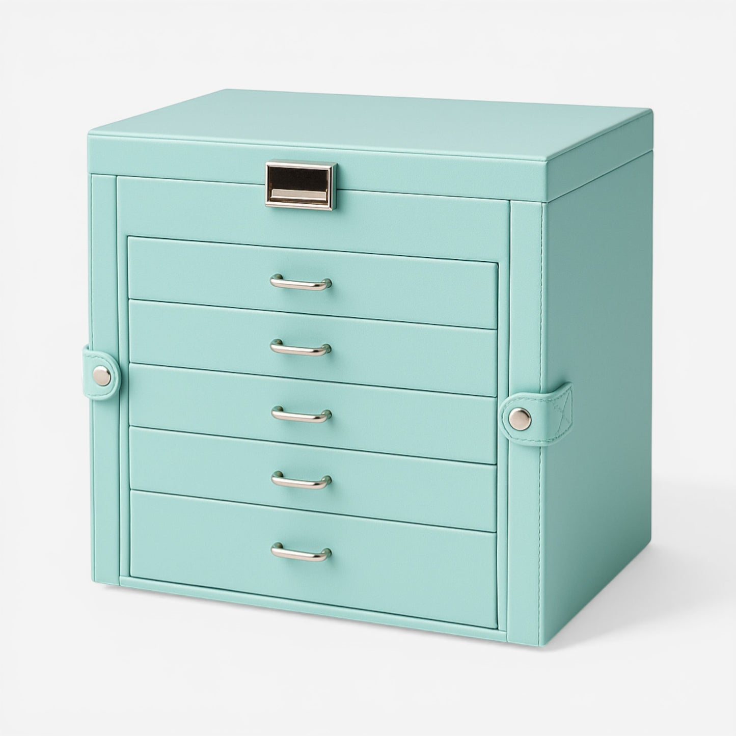 Boîte à bijoux turquoise avec tiroirs pour organiser bagues, colliers et accessoires.
