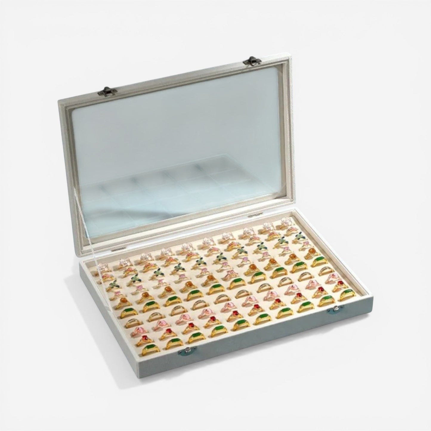 Boîte à bijoux en velours beige avec vitre transparente, conçue pour organiser jusqu’à 100 bagues.