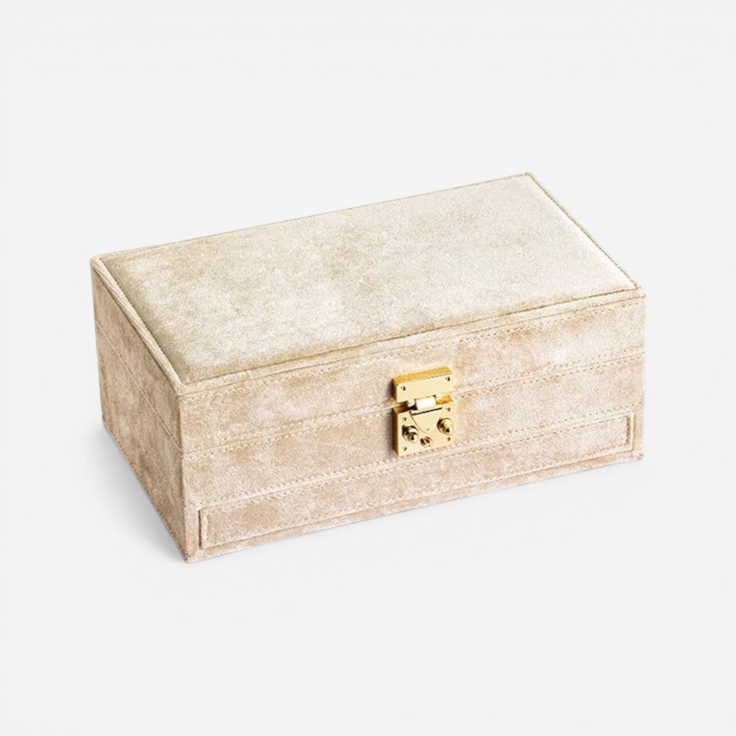 Boîte à bijoux en velours beige compacte idéale pour ranger vos bijoux au quotidien ou en voyage.