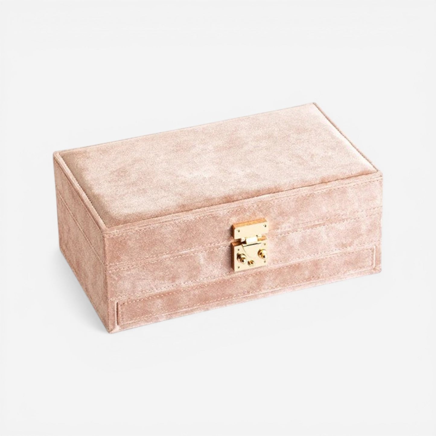 Boîte à bijoux en velours beige au style luxueux avec compartiments pour organiser vos bijoux avec soin.