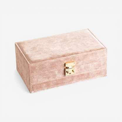 Boîte à bijoux en velours beige au style luxueux avec compartiments pour organiser vos bijoux avec soin.