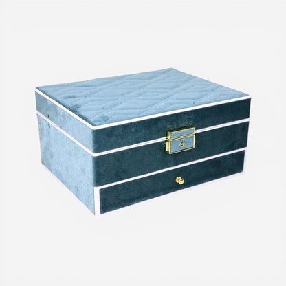 boite à bijoux en velours bleu avec rangement intérieur pour bagues et colliers