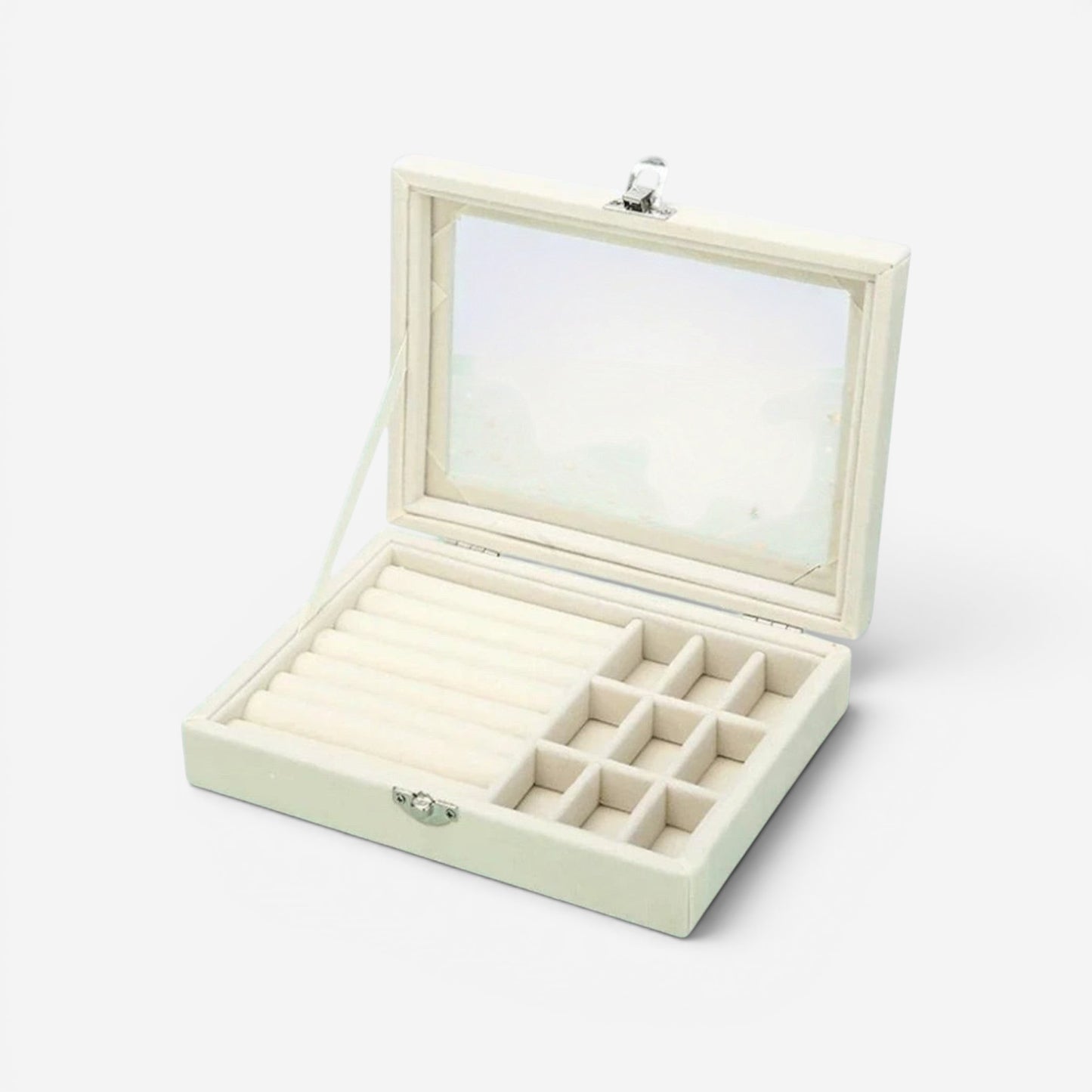 Boîte à bijoux en velours élégante blanche avec compartiments raffinés pour un rangement chic et pratique.