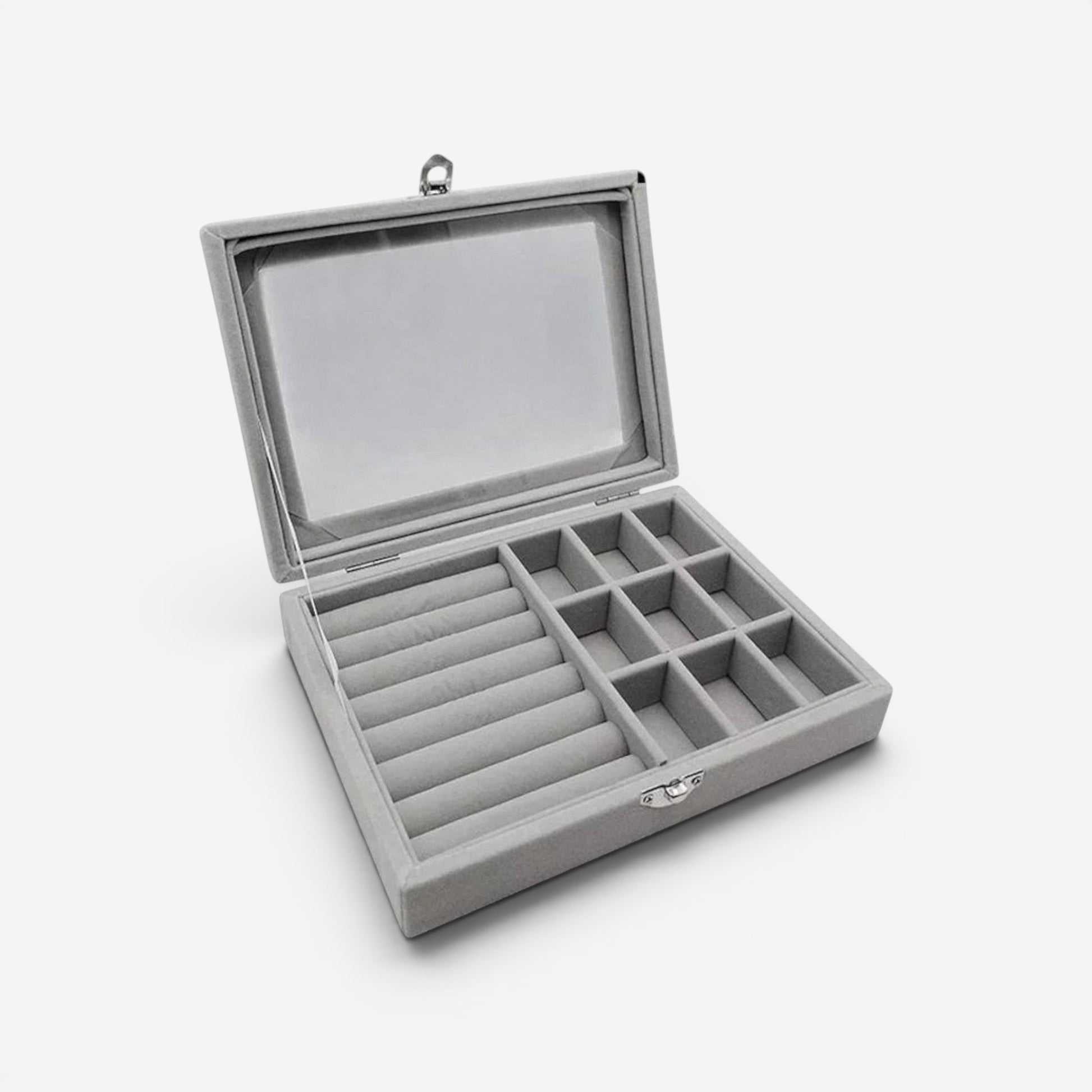 Boîte à bijoux en velours élégante grise au design moderne parfaite pour un usage quotidien.