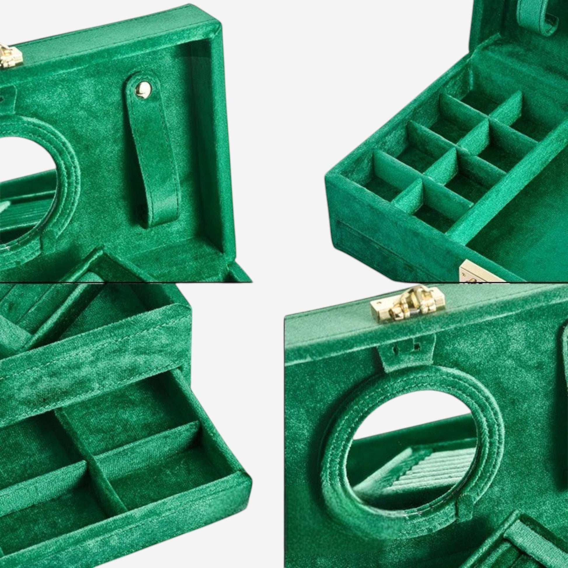 Ensemble de boîtes à bijoux en velours avec différents compartiments pour un rangement complet et esthétique.