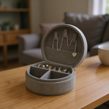 Boîte à bijoux en velours gris avec compartiments pour bagues et colliers.
