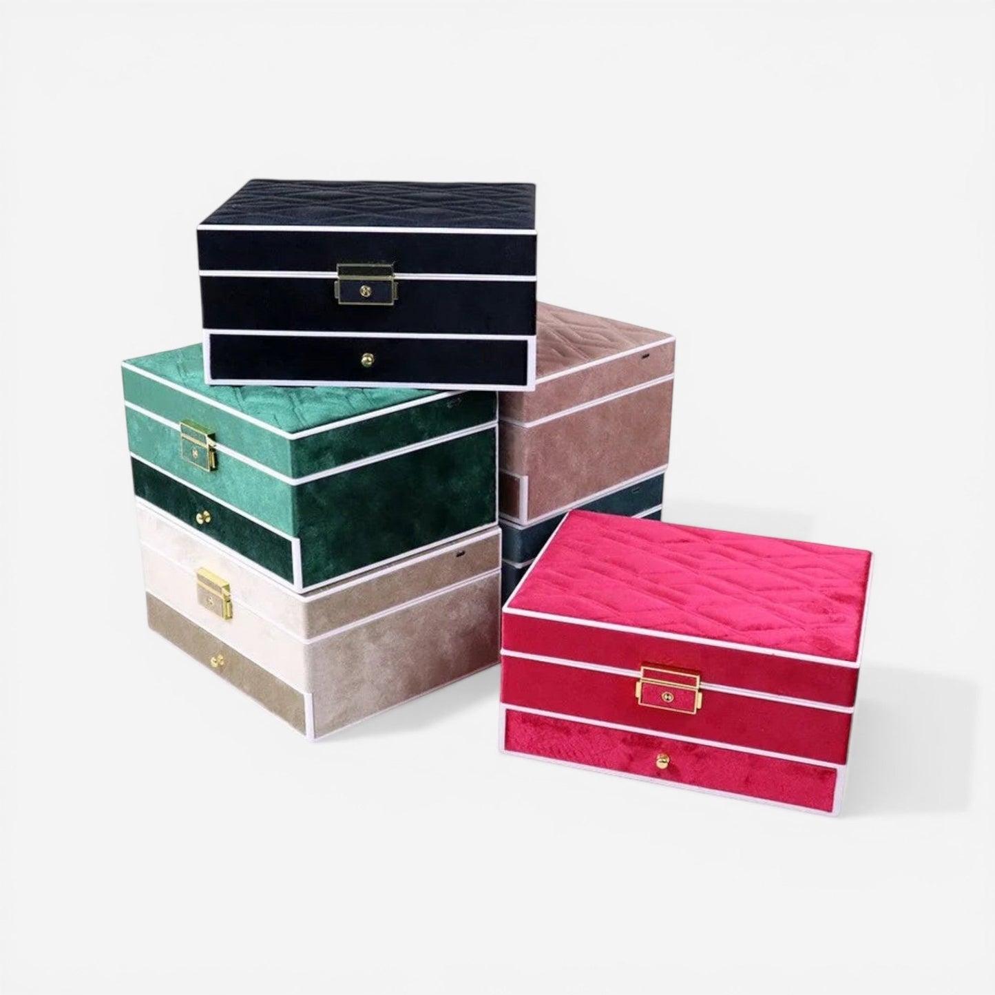 ensemble de boites à bijoux en velours vintage disponibles en plusieurs couleurs avec intérieur compartimenté