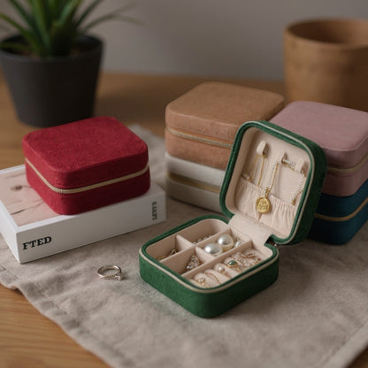 Boîte à bijoux en velours ouverte avec bijoux, entourée de coffrets colorés dans une mise en scène moderne.
